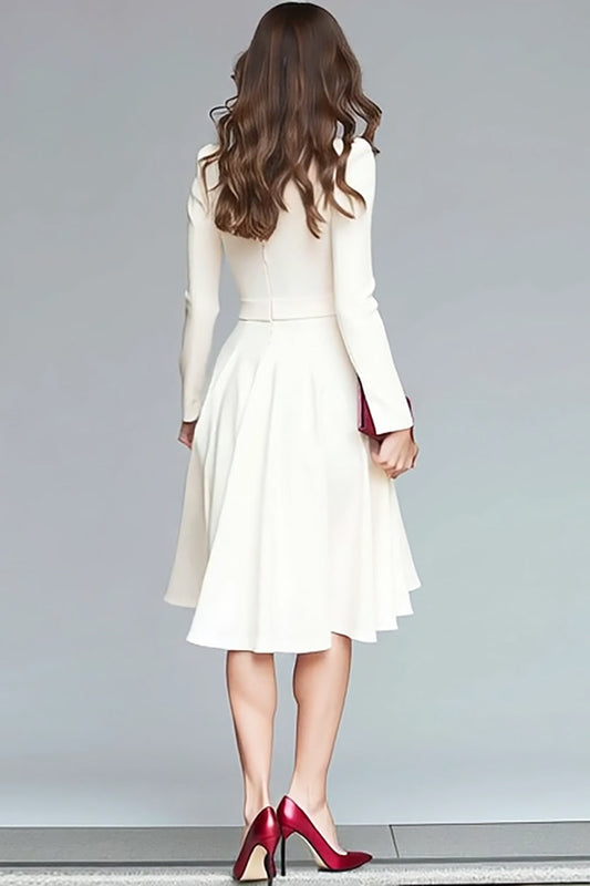 Ivory Ruffled A-Line V-Neck Midi Work Dress with Belt