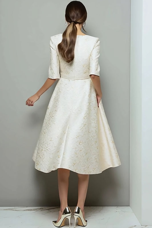 Ivory Jacquard A-Line Midi Work Dress with Belt