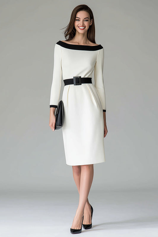 Robe de Travail Fourreau Midi Noire, Blanche, Épaules Dénudées