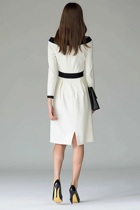 Robe de Travail Fourreau Midi Noire, Blanche, Épaules Dénudées