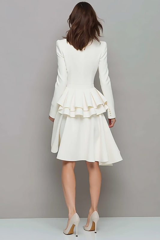 Ivory V-Neck Ruffled A-Line Midi Work Dress