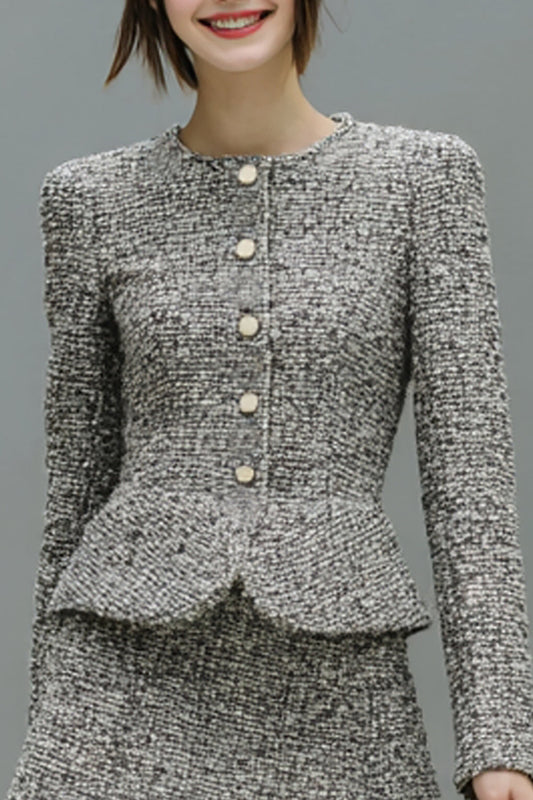 Grey 2-Piece Tweed Single-Breasted Short Work Dress with Sleeves