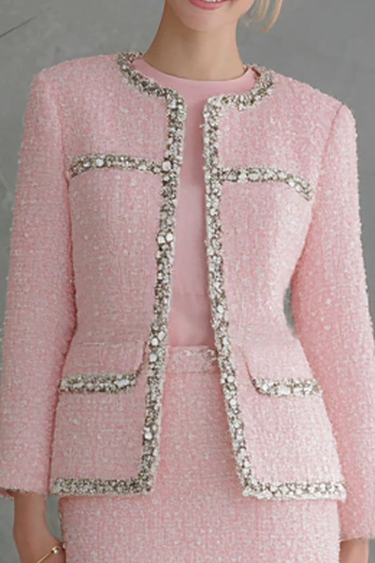 2 Piece Pink Tweed Bodycon Long Sleeve Short Work Dress