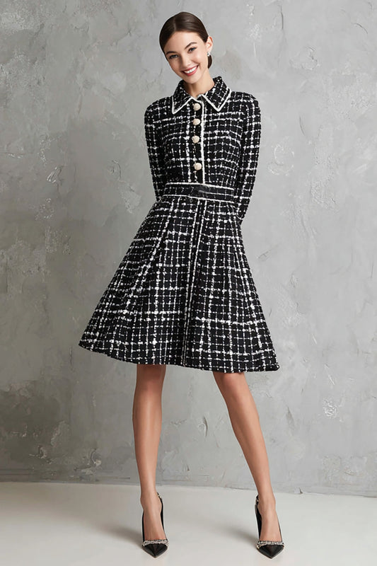 Black A-line Long-Sleeve Striped Work Dress