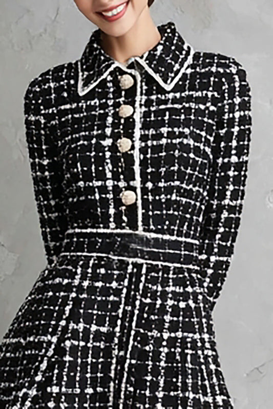 Black A-line Long-Sleeve Striped Work Dress