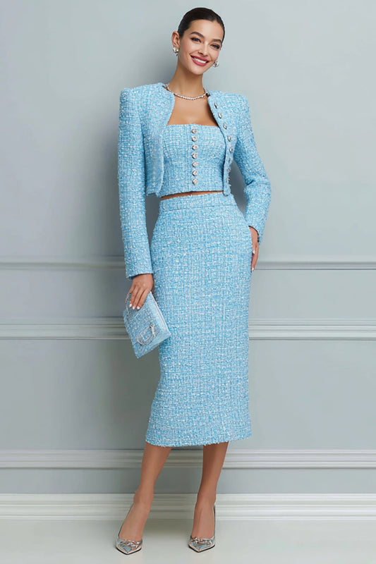 Robe de travail moulante bleu clair à manches longues 3 pièces