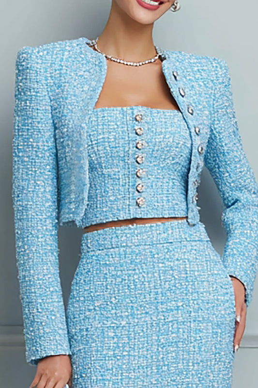 Robe de travail moulante bleu clair à manches longues 3 pièces