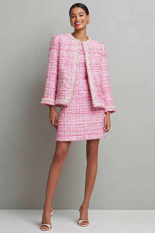 Robe de travail moulante rose à manches longues 2 pièces