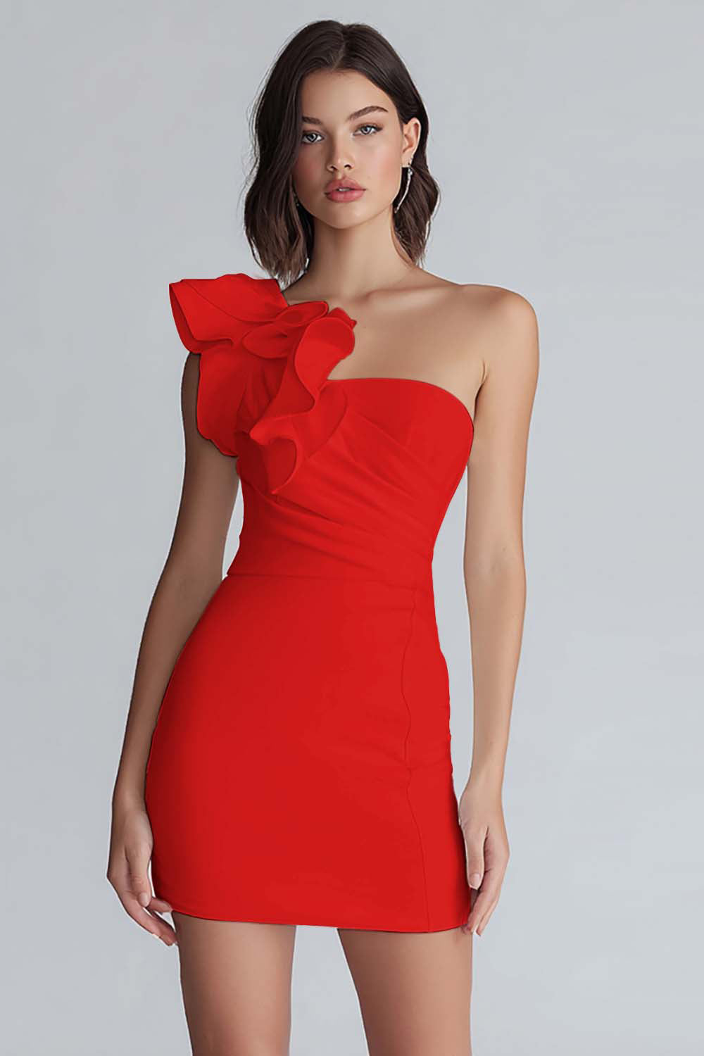 Robe courte moulante blanche à épaule unique froncée
