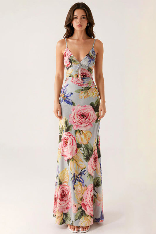 Robe de soirée sirène gris-bleu fleurie à fines bretelles