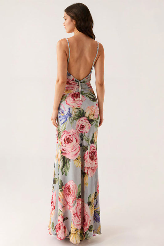 Robe de soirée sirène gris-bleu fleurie à fines bretelles