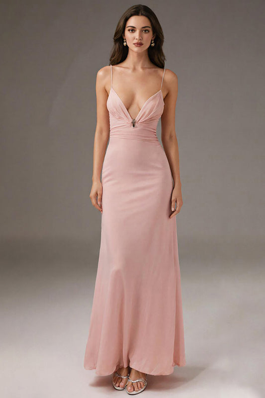 Robe de soirée fourreau rose à fines bretelles