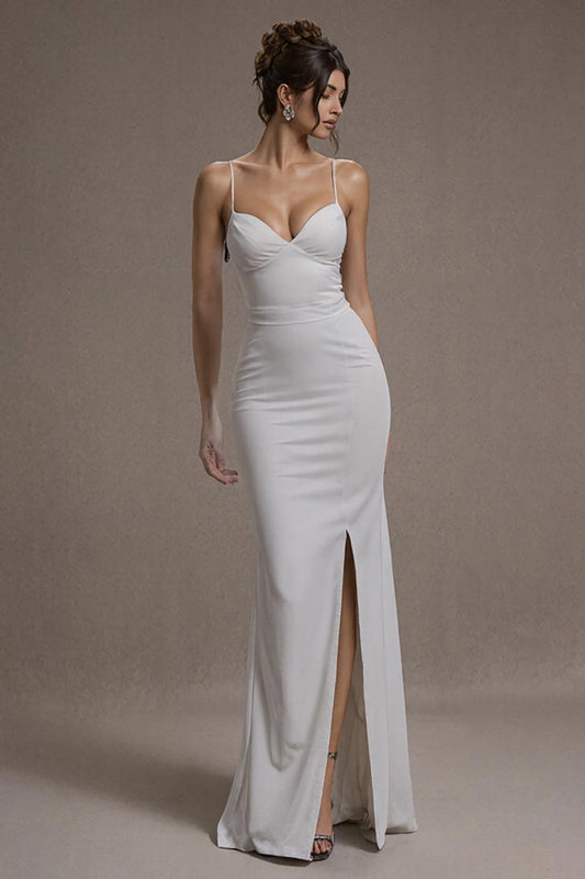 Robe de soirée longue sirène blanche à bretelles spaghetti