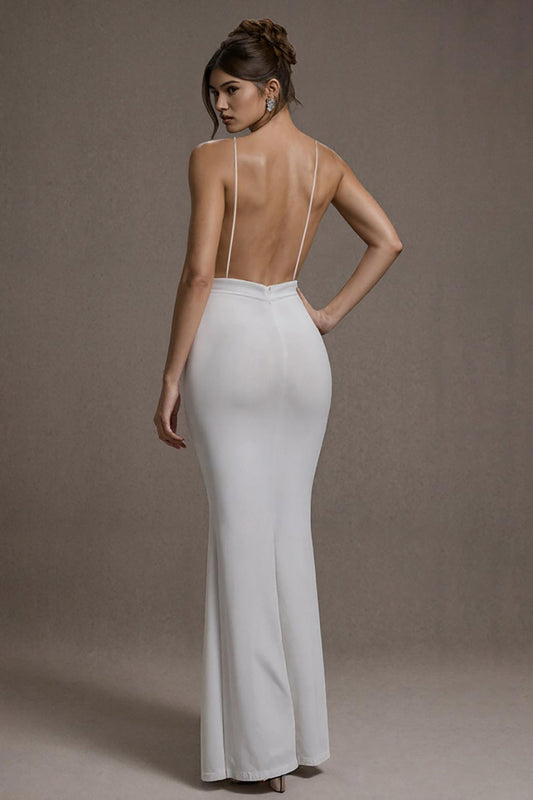 Robe de soirée longue sirène blanche à bretelles spaghetti