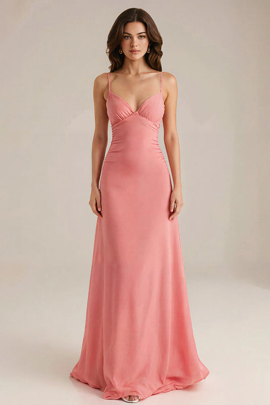 Robe de soirée longue trapèze col V pêche