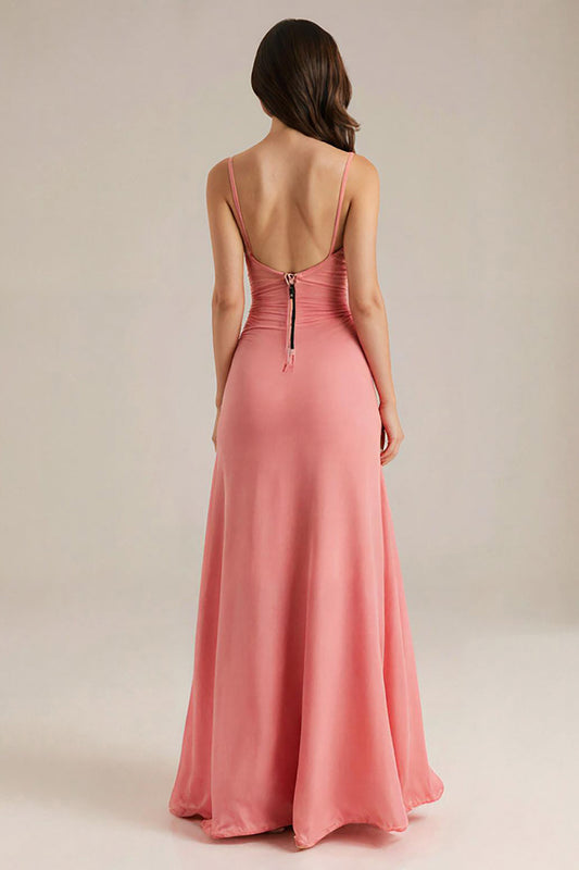 Robe de soirée longue trapèze col V pêche