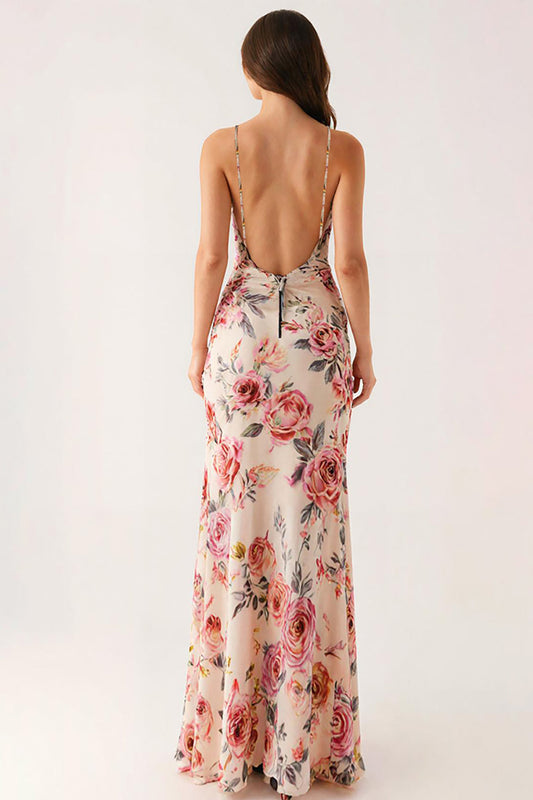 Robe de soirée longue fourreau fleurie rose clair à col en V
