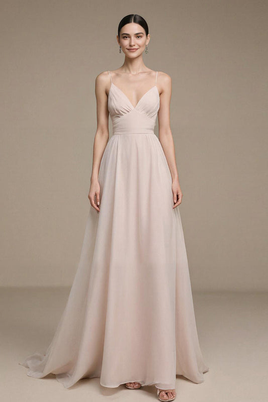 Robe de bal longue rose clair simple, bretelles fines, coupe trapèze, formelle