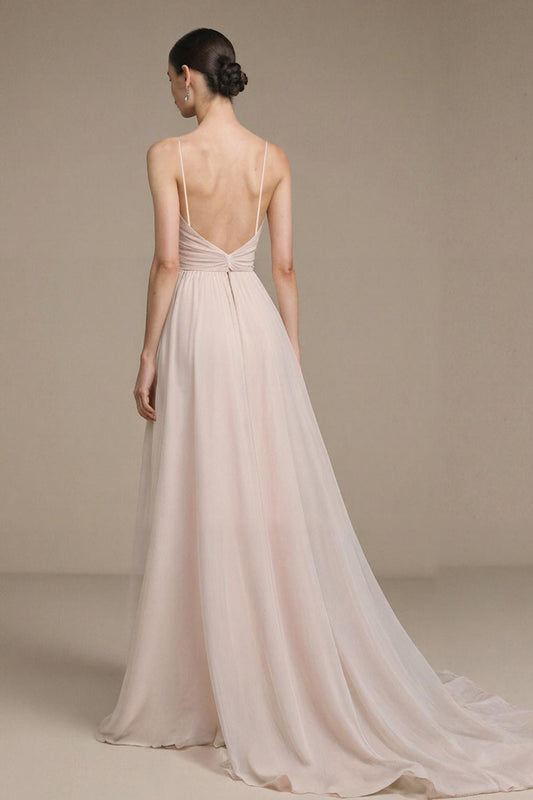 Robe de bal longue rose clair simple, bretelles fines, coupe trapèze, formelle