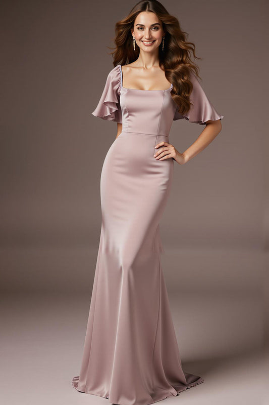 Robe de bal longue en satin rose clair coupe sirène à encolure carrée avec manches