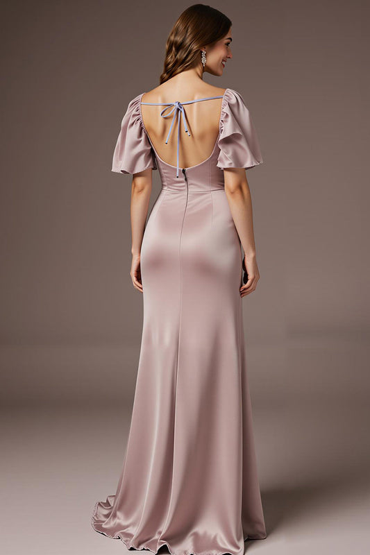 Robe de bal longue en satin rose clair coupe sirène à encolure carrée avec manches