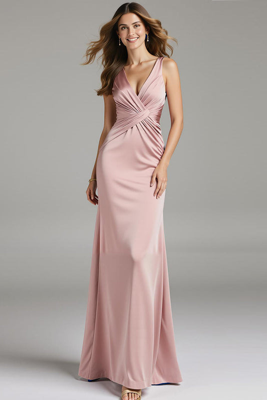 Robe de bal longue en satin rose clair sirène froncée