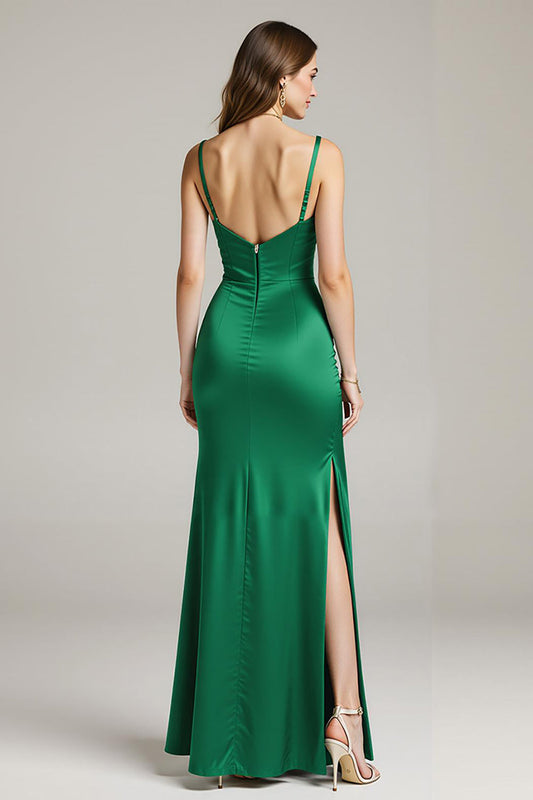 Robe longue de soirée sirène en satin vert à fines bretelles