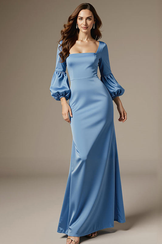 Robe de soirée sirène bleu ciel en satin à col carré et manches longues