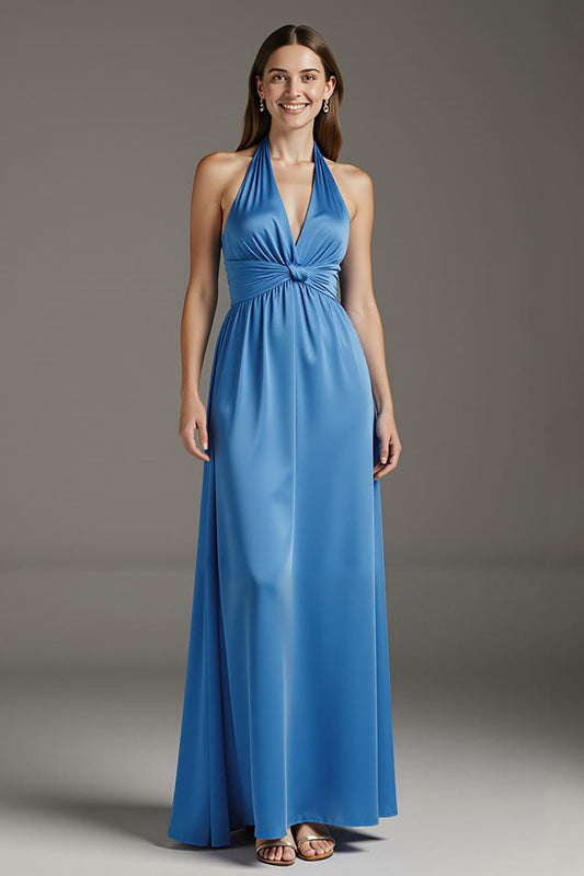 Robe de soirée longue trapèze en satin bleu lac