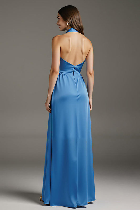 Robe de soirée longue trapèze en satin bleu lac