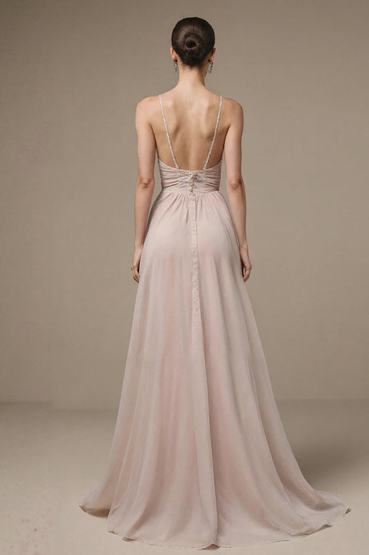 Robe de soirée longue trapèze rose pâle à fines bretelles