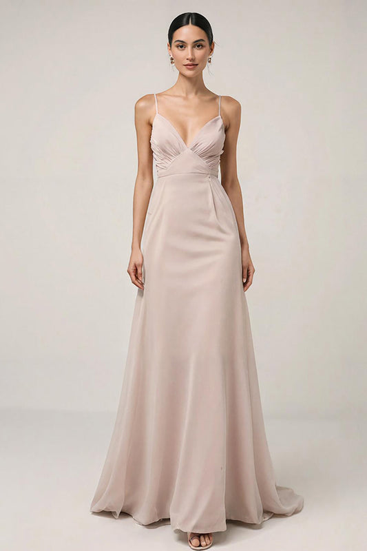 Robe longue de cérémonie rose clair fourreau à fines bretelles