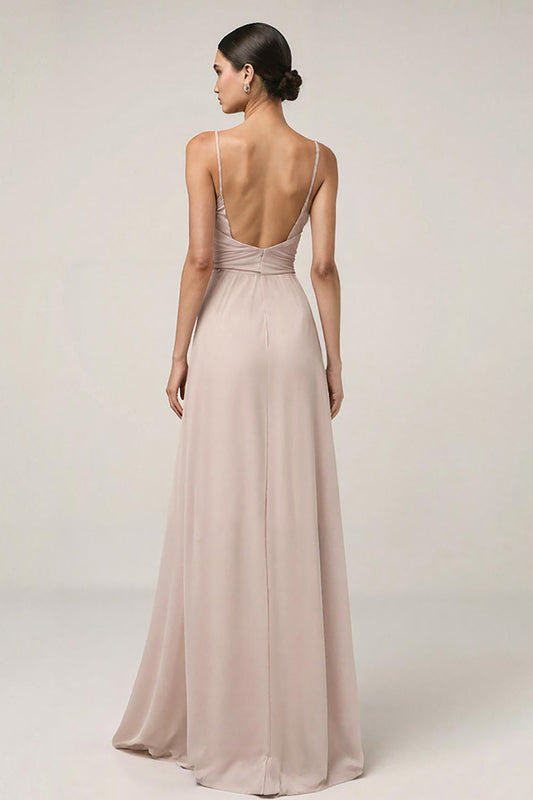 Robe longue de cérémonie rose clair fourreau à fines bretelles