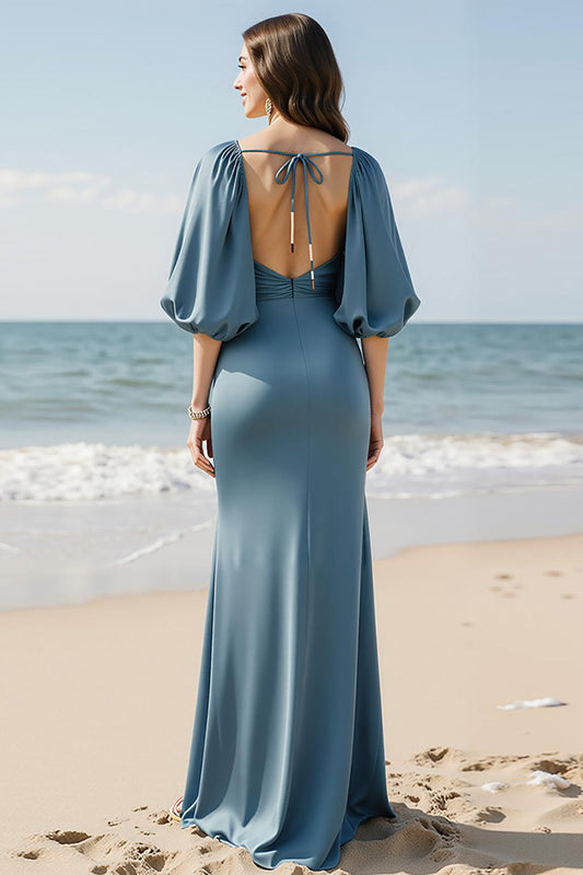 Robe de soirée longue fourreau en satin bleu ciel à col en V avec fente