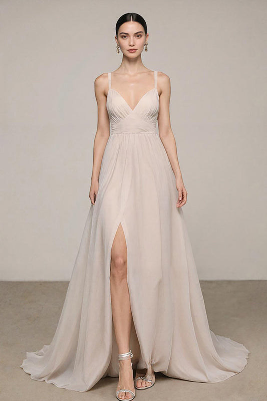Robe de soirée longue trapèze ivoire à col en V avec fente
