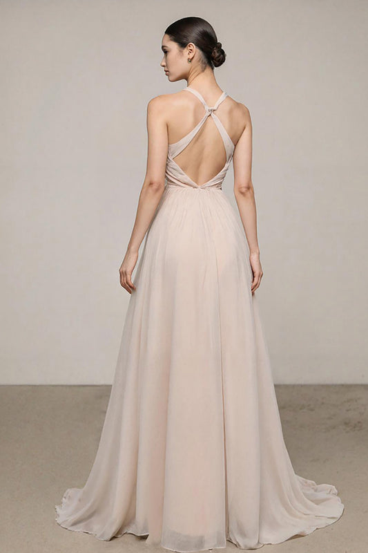 Robe de soirée longue trapèze ivoire à col en V avec fente