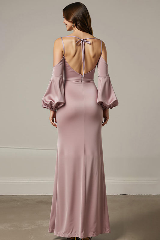 Robe de soirée longue sirène en satin rose clair avec manches