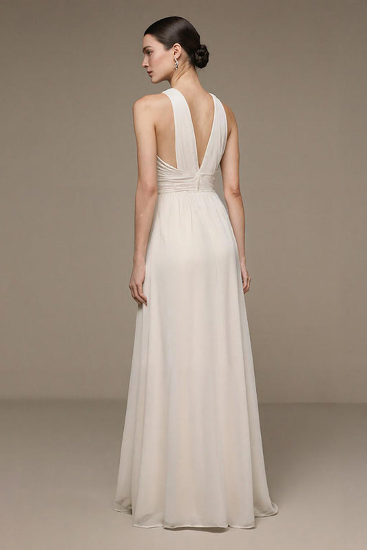Robe de soirée longue trapèze ivoire à col en V avec fente