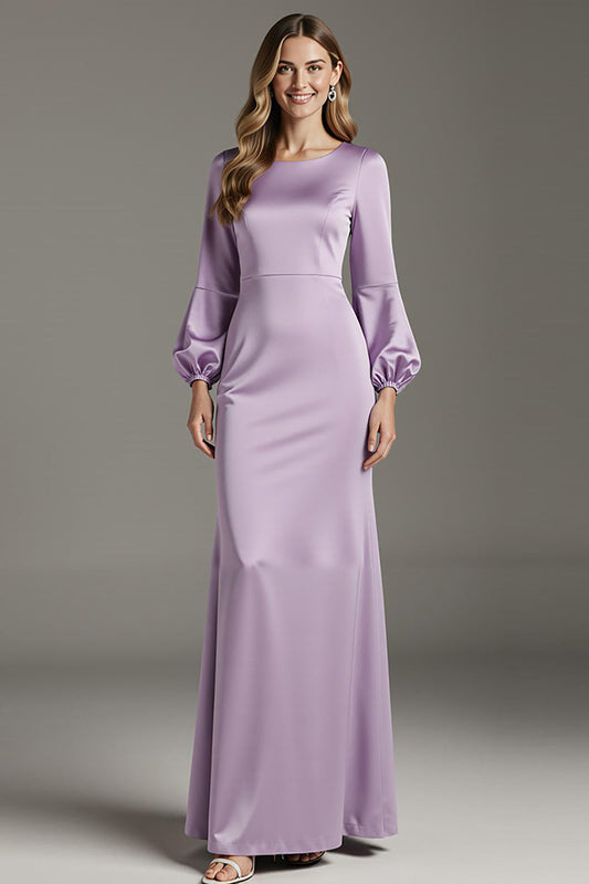 Robe longue de soirée fourreau en satin violet clair avec manches