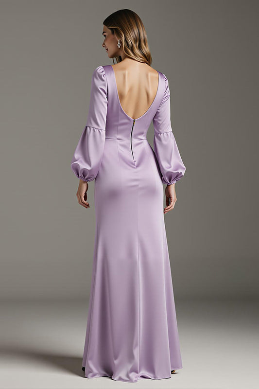 Robe longue de soirée fourreau en satin violet clair avec manches
