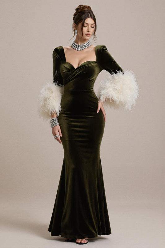 Robe de soirée sirène en velours à manches longues vert olive