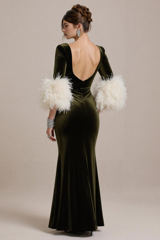 Robe de soirée sirène en velours à manches longues vert olive