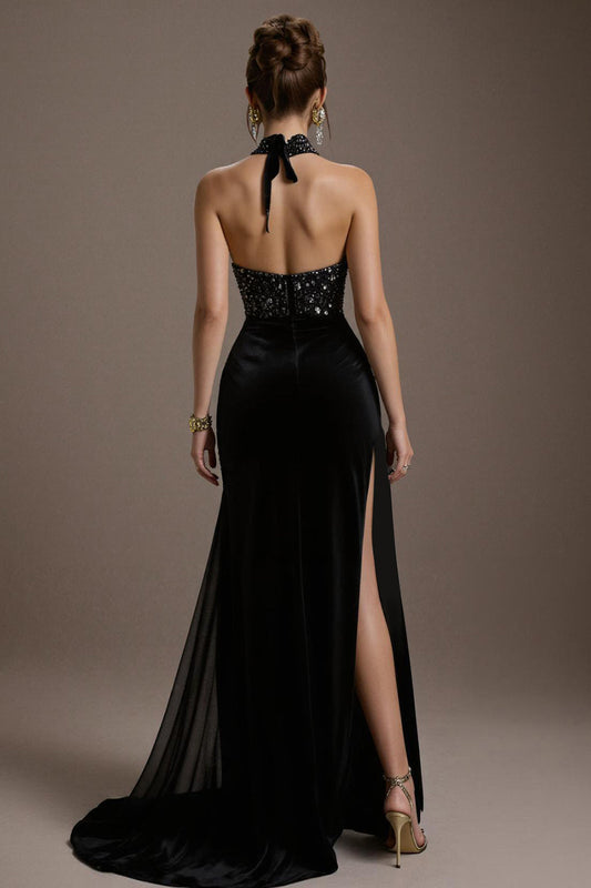 Robe de soirée trapèze noire à sequins avec fente et col licou