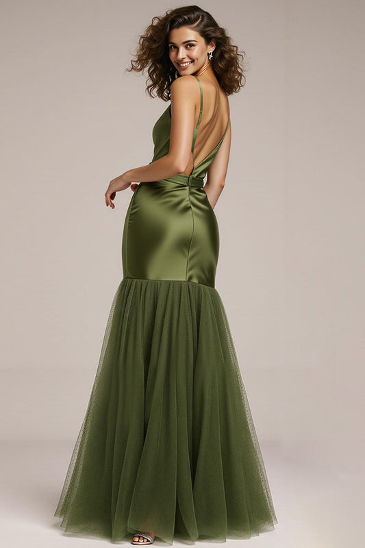 Robe de soirée sirène verte col en V avec fente