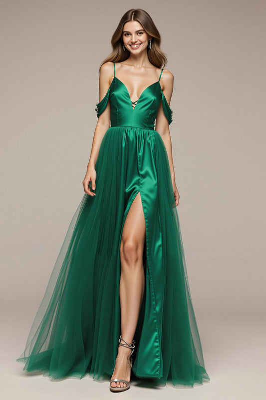 Robe de soirée trapèze en satin vert à épaules dénudées avec fente