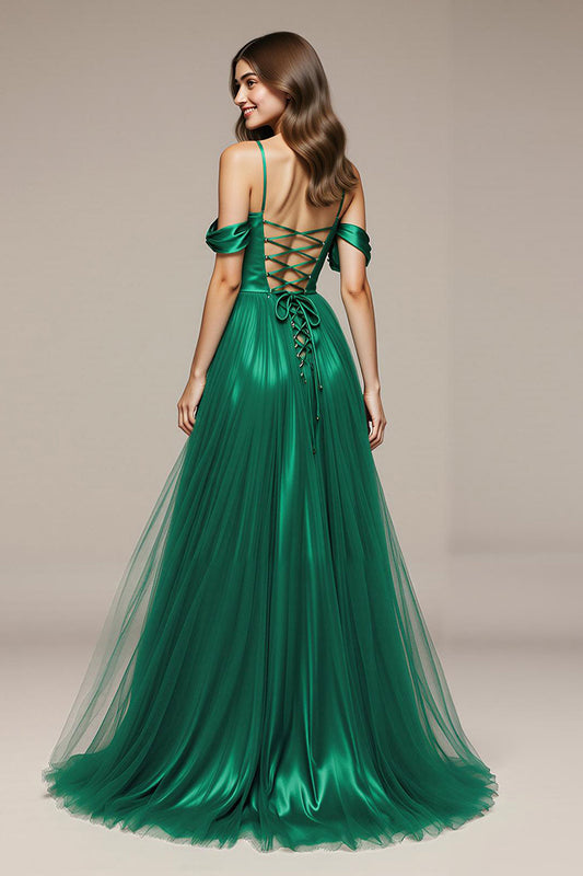 Robe de soirée trapèze en satin vert à épaules dénudées avec fente