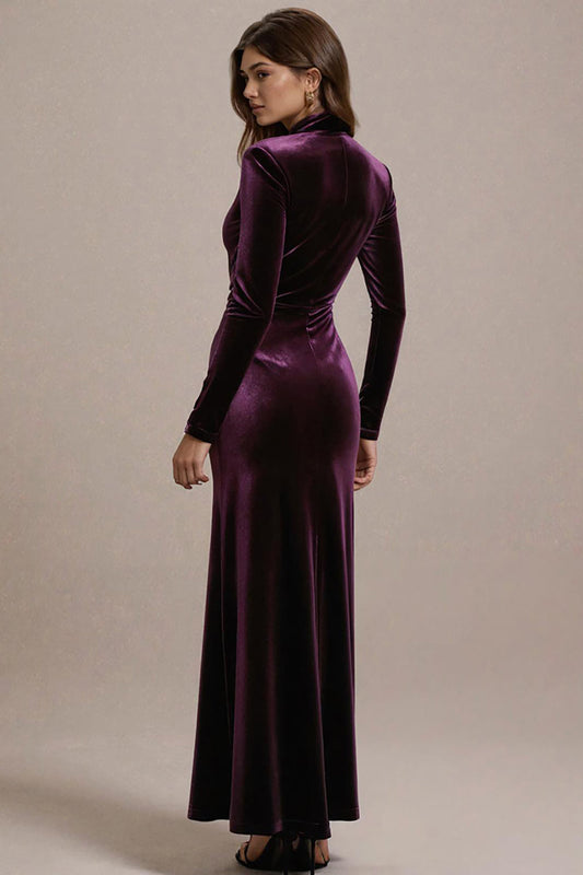 Robe fourreau prune à manches longues, fendue, pour soirée de gala