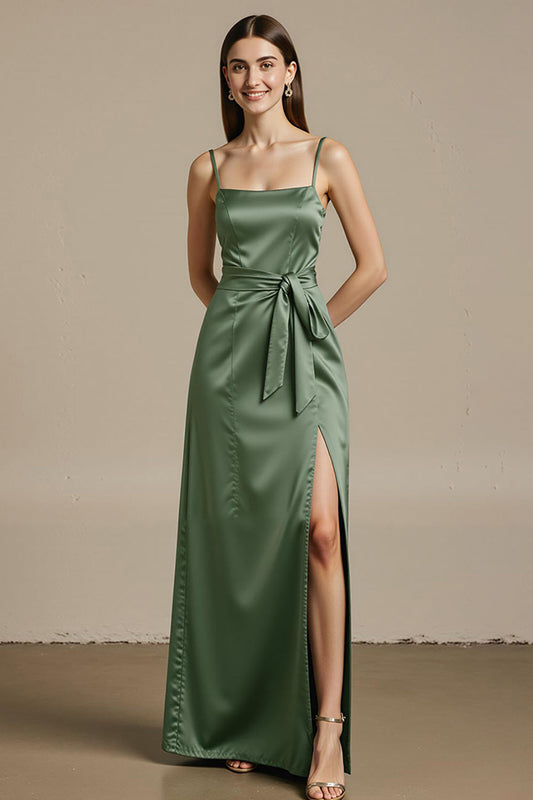 Robe de soirée longue trapèze en satin vert clair avec fente