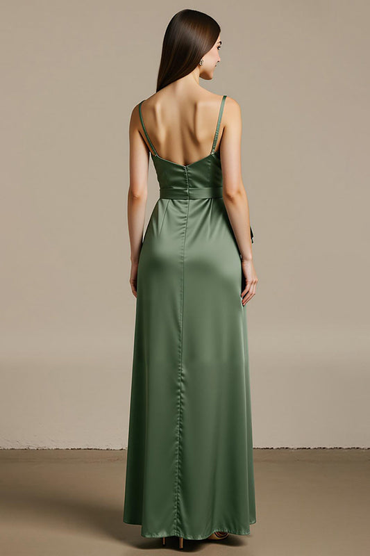 Robe de soirée longue trapèze en satin vert clair avec fente