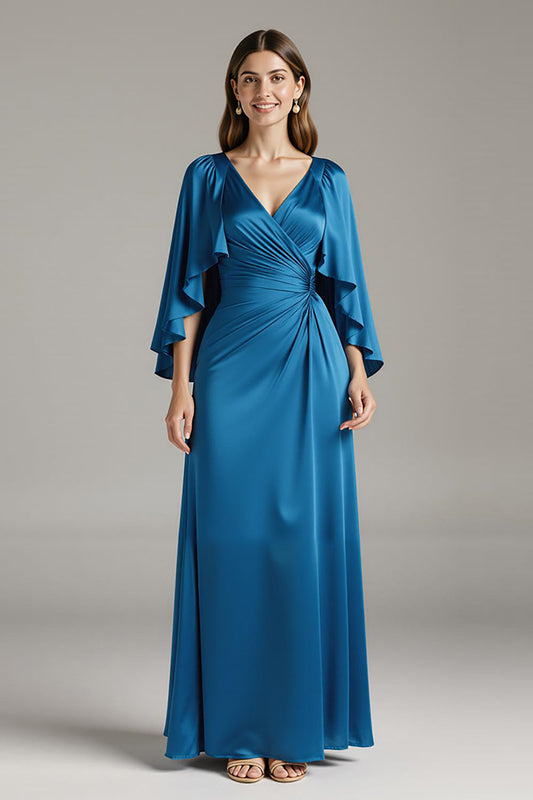 Robe de soirée longue bleu roi en satin à col en V avec manches et cravate noire